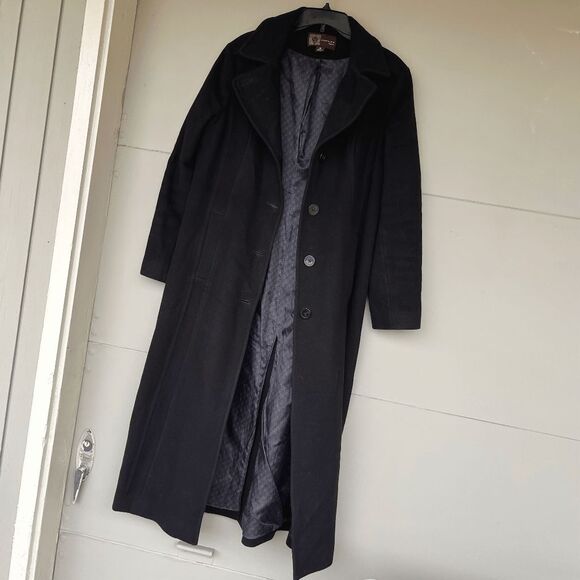 VTG Anne Klein Black Wool Cashmere Full Length Coat 14 A-Line Lined Button Front - Picture 2 of 12